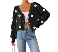 Womens Daisy Cardigan Cropped Knit Sweater with Crochet Flower Appliques (Black,XL)