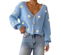 Womens Daisy Cardigan Cropped Knit Sweater with Crochet Flower Appliques (Blue,M)