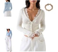 Women's Deep V Neck Lace Trim Button Front Knit Cardigan,Cinched Waist top | Long Sleeve Cinched Waist Pleated Sweater Top,Lace Trim V Neck Shirt,Lightweight Sheer Knit for Dates,Partie,Going Out