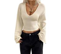 Womens Deep V Neck Long Sleeve Crop Top with Flare Sleeves (Apricot,XS)