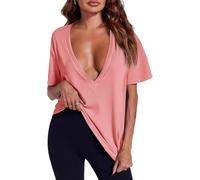 Womens Deep V Neck Sexy Tops Summer Short Sleeve T Shirts Flattering Basic Tees Not See-Through Clothes for Going out (Pink,L)