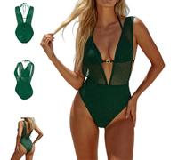 Women's Deep V-Neck Swim Bodysuit,Mesh Halter Back Tie One Piece Swimsuit,Vacation Beach Sexy Swim Bodysuit Lace Up Swimwear
