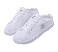 Women's Denim Mule Sneakers Slip-On Canvas Mules Comfortable Sole Round Toe Lace-Up Trainers Breathable Flat Clogs Backless Shoes for Causal Business Walking (White,42)
