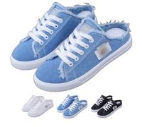 Women's Denim Mule Sneakers Slip-On Canvas Mules Comfortable Sole Round Toe Lace-Up Trainers Breathable Flat Clogs Backless Shoes for Causal Business Walking (Blue,38)