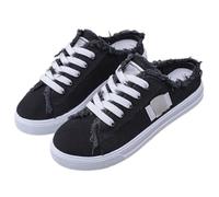 Women's Denim Mule Sneakers Slip-On Canvas Mules Comfortable Sole Round Toe Lace-Up Trainers Breathable Flat Clogs Backless Shoes for Causal Business Walking (Black,42)