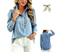 Womens Denim Shirt,Women Long Sleeve Button Down Collared Ruffle Jean Top
