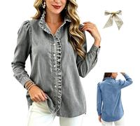 Womens Denim Shirt,Women Long Sleeve Button Down Collared Ruffle Jean Top