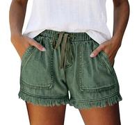 Women's Denim Shorts, Drawstring Elastic Waist High Rise Jean Shorts, Frayed Raw Hem Fringed Ripped Distressed, Stretchy Casual Summer Loose with Pockets (Green,XL)