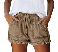 Women's Denim Shorts, Drawstring Elastic Waist High Rise Jean Shorts, Frayed Raw Hem Fringed Ripped Distressed, Stretchy Casual Summer Loose with Pockets (Khaki,XXL)