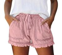 Women's Denim Shorts, Drawstring Elastic Waist High Rise Jean Shorts, Frayed Raw Hem Fringed Ripped Distressed, Stretchy Casual Summer Loose with Pockets (Pink,S)