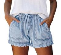 Women's Denim Shorts, Drawstring Elastic Waist High Rise Jean Shorts, Frayed Raw Hem Fringed Ripped Distressed, Stretchy Casual Summer Loose with Pockets (Light Blue,3XL)