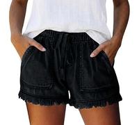 Women's Denim Shorts, Drawstring Elastic Waist High Rise Jean Shorts, Frayed Raw Hem Fringed Ripped Distressed, Stretchy Casual Summer Loose with Pockets (Black,XXL)