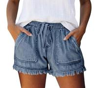 Women's Denim Shorts, Drawstring Elastic Waist High Rise Jean Shorts, Frayed Raw Hem Fringed Ripped Distressed, Stretchy Casual Summer Loose with Pockets (Dark Blue,L)