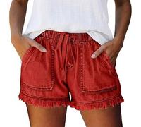Women's Denim Shorts, Drawstring Elastic Waist High Rise Jean Shorts, Frayed Raw Hem Fringed Ripped Distressed, Stretchy Casual Summer Loose with Pockets (Red,L)