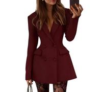 Womens Double Breasted Blazer Mini Dress Long Sleeve Wedding Guest (Burgundy,M)