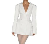 Womens Double Breasted Blazer Mini Dress Long Sleeve Wedding Guest (White,L)