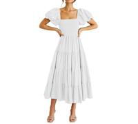 Womens Dresses for Summer Vacation Sexy Open Back Casual Dress Puffy Short Sleeve Square Neck Tiered Ruffle Dresses(White,M)