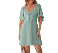 Womens Dresses Spring Summer Deep V Neck Elegant Bow Tie Mini Dress S-XL(Bean Green,S)