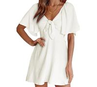 Womens Dresses Spring Summer Deep V Neck Elegant Bow Tie Mini Dress S-XL(White,L)