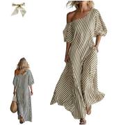 Women's Elegant and Classic Striped Off-Shoulder Maxi Dress,Summer One Shoulder Vacation Flowy Long Dress with Pockets (FR/ES, Letras, L, Regular, Regular, Khaki)