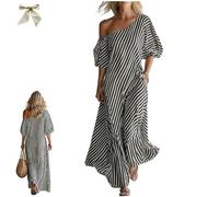 Women's Elegant and Classic Striped Off-Shoulder Maxi Dress,Summer One Shoulder Vacation Flowy Long Dress with Pockets (FR/ES, Letras, S, Regular, Regular, Black)