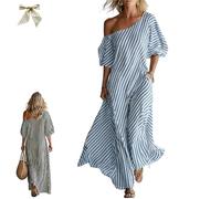 Women's Elegant and Classic Striped Off-Shoulder Maxi Dress,Summer One Shoulder Vacation Flowy Long Dress with Pockets (FR/ES, Letras, M, Regular, Regular, Blue)