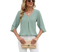 Women's Elegant Chiffon Blouse V Neck 3/4 Sleeve Pleated Detail Loose Fit Casual Business Top Solid Color Flowy Shirt for Work Party Daily Wear Spring Fashion