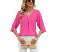 Women's Elegant Chiffon Blouse V Neck 3/4 Sleeve Pleated Detail Loose Fit Casual Business Top Solid Color Flowy Shirt for Work Party Daily Wear Spring Fashion