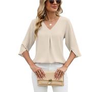Women's Elegant Chiffon Blouse V Neck 3/4 Sleeve Pleated Detail Loose Fit Casual Business Top Solid Color Flowy Shirt for Work Party Daily Wear Spring Fashion
