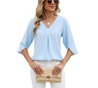 Women's Elegant Chiffon Blouse V Neck 3/4 Sleeve Pleated Detail Loose Fit Casual Business Top Solid Color Flowy Shirt for Work Party Daily Wear Spring Fashion