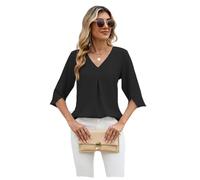 Women's Elegant Chiffon Blouse V Neck 3/4 Sleeve Pleated Detail Loose Fit Casual Business Top Solid Color Flowy Shirt for Work Party Daily Wear Spring Fashion
