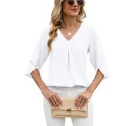 Women's Elegant Chiffon Blouse V Neck 3/4 Sleeve Pleated Detail Loose Fit Casual Business Top Solid Color Flowy Shirt for Work Party Daily Wear Spring Fashion