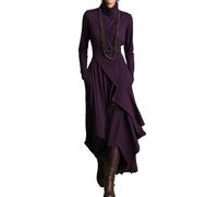 Women's Elegant High-Neck Asymmetrical Maxi Dress, Long Sleeve Stretch Knit Ruffle Irregular Hem Dress (Purple,XL)