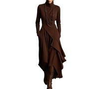 Women's Elegant High-Neck Asymmetrical Maxi Dress, Long Sleeve Stretch Knit Ruffle Irregular Hem Dress (Brown,XXL)