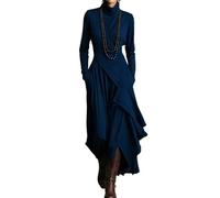 Women's Elegant High-Neck Asymmetrical Maxi Dress, Long Sleeve Stretch Knit Ruffle Irregular Hem Dress (Blue,M)