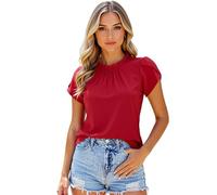 Womens Elegant Ruffle Neck Short Sleeve Blouse Solid Color Casual Summer Top Soft Flowy Tunic Shirt for Work Daily Wear Lightweight Breathable