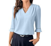 Women's Elegant V Neck Chiffon Blouse 3/4 Sleeve Business Casual Tops with Lace Cuff Detail Flowy Work Shirt for Office Party Summer Spring Wine