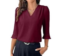 Women's Elegant V Neck Chiffon Blouse 3/4 Sleeve Business Casual Tops with Lace Cuff Detail Flowy Work Shirt for Office Party Summer Spring Wine