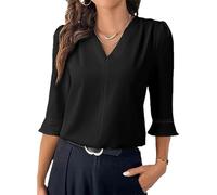 Women's Elegant V Neck Chiffon Blouse 3/4 Sleeve Business Casual Tops with Lace Cuff Detail Flowy Work Shirt for Office Party Summer Spring Wine