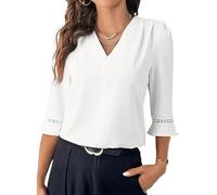 Women's Elegant V Neck Chiffon Blouse 3/4 Sleeve Business Casual Tops with Lace Cuff Detail Flowy Work Shirt for Office Party Summer Spring Wine