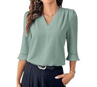Women's Elegant V Neck Chiffon Blouse 3/4 Sleeve Business Casual Tops with Lace Cuff Detail Flowy Work Shirt for Office Party Summer Spring Wine