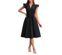 Women's Elegant V-Neck Lapel Collar Dress with Ruffle Flutter Sleeves and Tie Waist A-Line Midi Skirt for Office Business Casual Summer Party