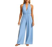 Women's Elegant White Halter Neck Jumpsuit V Neck Sleeveless Wide Leg Pants Elastic Waist Summer Casual Beach Vacation Romper Outfit for Ladies