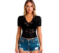 Women's Elegant White Lace Top Short Sleeve V Neck Scallop Edge Slim Fit Sheer Blouse Spring Summer Casual Crop tee Shirt for Party Date Night