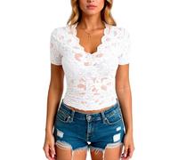 Women's Elegant White Lace Top Short Sleeve V Neck Scallop Edge Slim Fit Sheer Blouse Spring Summer Casual Crop tee Shirt for Party Date Night