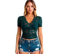 Women's Elegant White Lace Top Short Sleeve V Neck Scallop Edge Slim Fit Sheer Blouse Spring Summer Casual Crop tee Shirt for Party Date Night