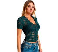 Women's Elegant White Lace V-Neck Top Short Sleeve Slim Fit Floral Cropped Blouse Spring Summer Casual Sheer Shirt for Party Date Night out