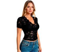 Women's Elegant White Lace V-Neck Top Short Sleeve Slim Fit Floral Cropped Blouse Spring Summer Casual Sheer Shirt for Party Date Night out