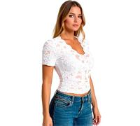 Women's Elegant White Lace V-Neck Top Short Sleeve Slim Fit Floral Cropped Blouse Spring Summer Casual Sheer Shirt for Party Date Night out