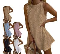 Women's Embroidered Halter Crew Neck Sleeveless Mini Dress Scalloped Floral Summer Casual Beach Vacation Dress (Khaki,L)